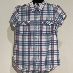 Eddie Bauer Women's Plade Short Sleeves Collared Button Down